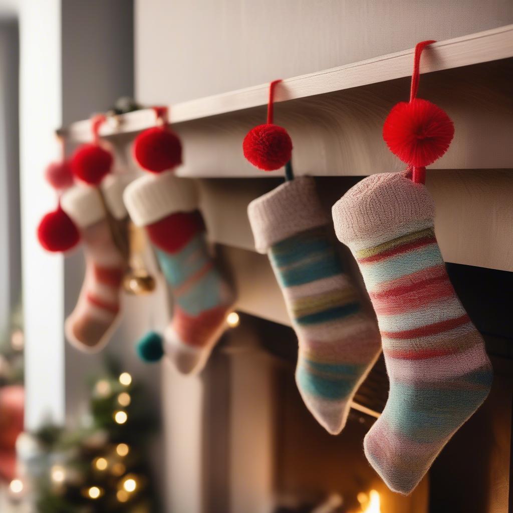 Yarn Pom Poms on Christmas Stockings