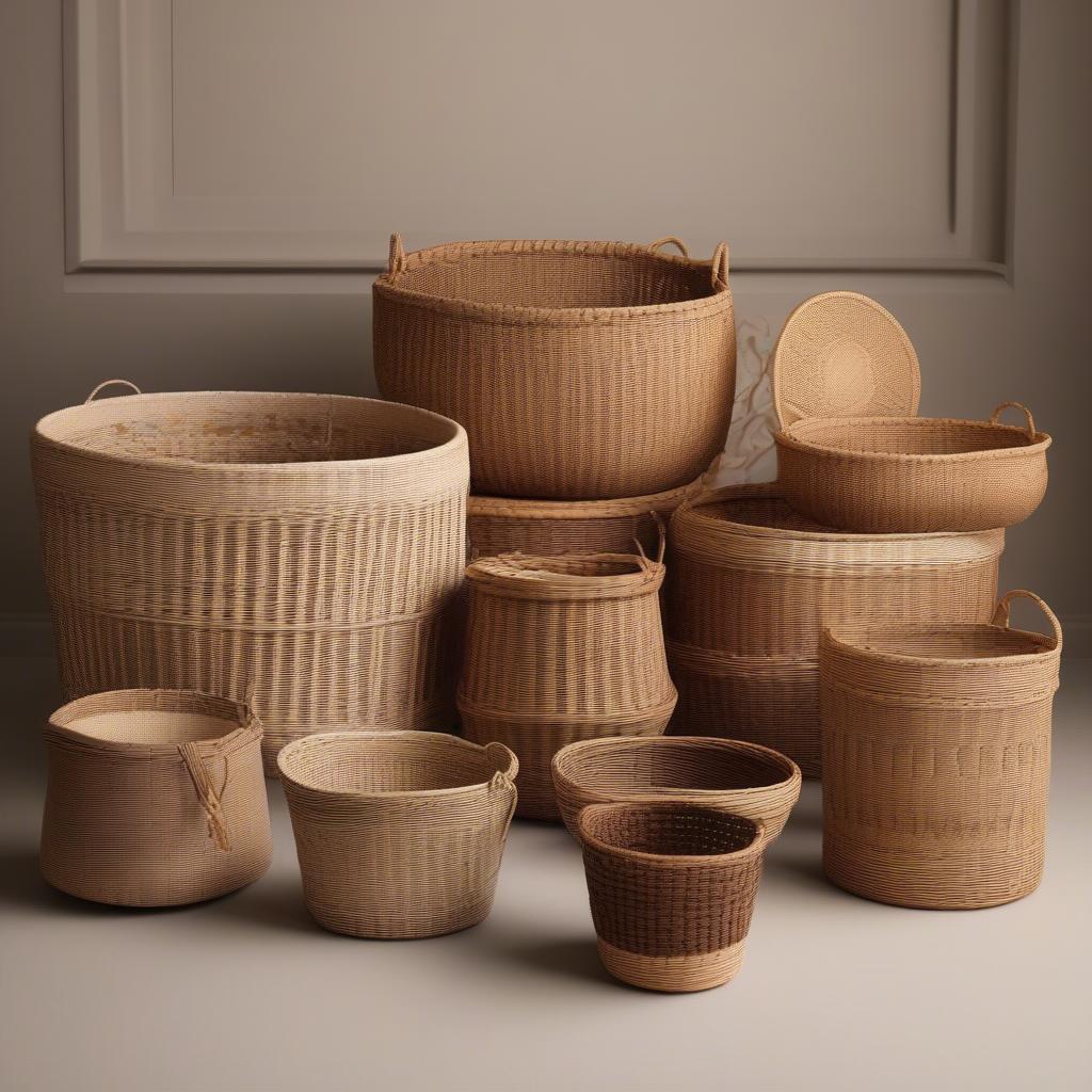 Yvonne Smallwood's wicker basket collection showcasing intricate weaving patterns and diverse shapes.